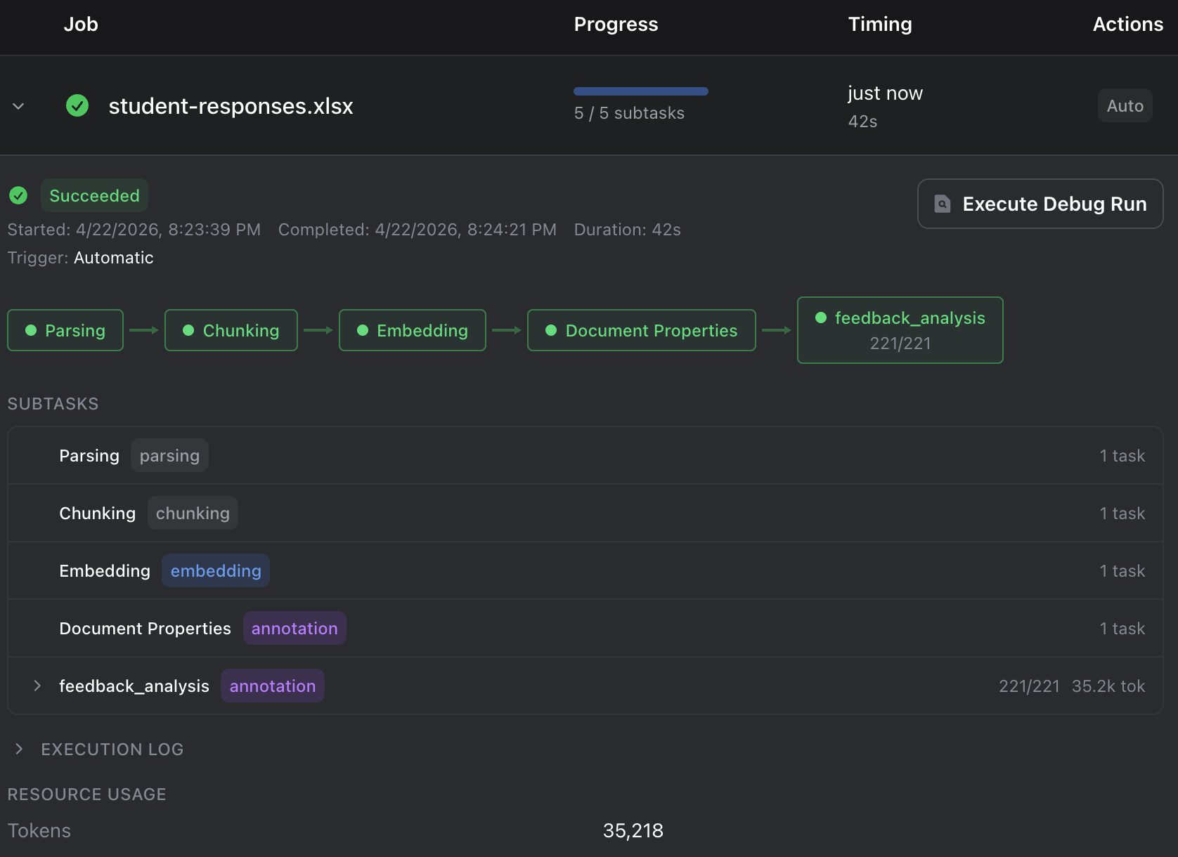 The Jobs dashboard showing the feedback analysis job completed with a Succeeded badge